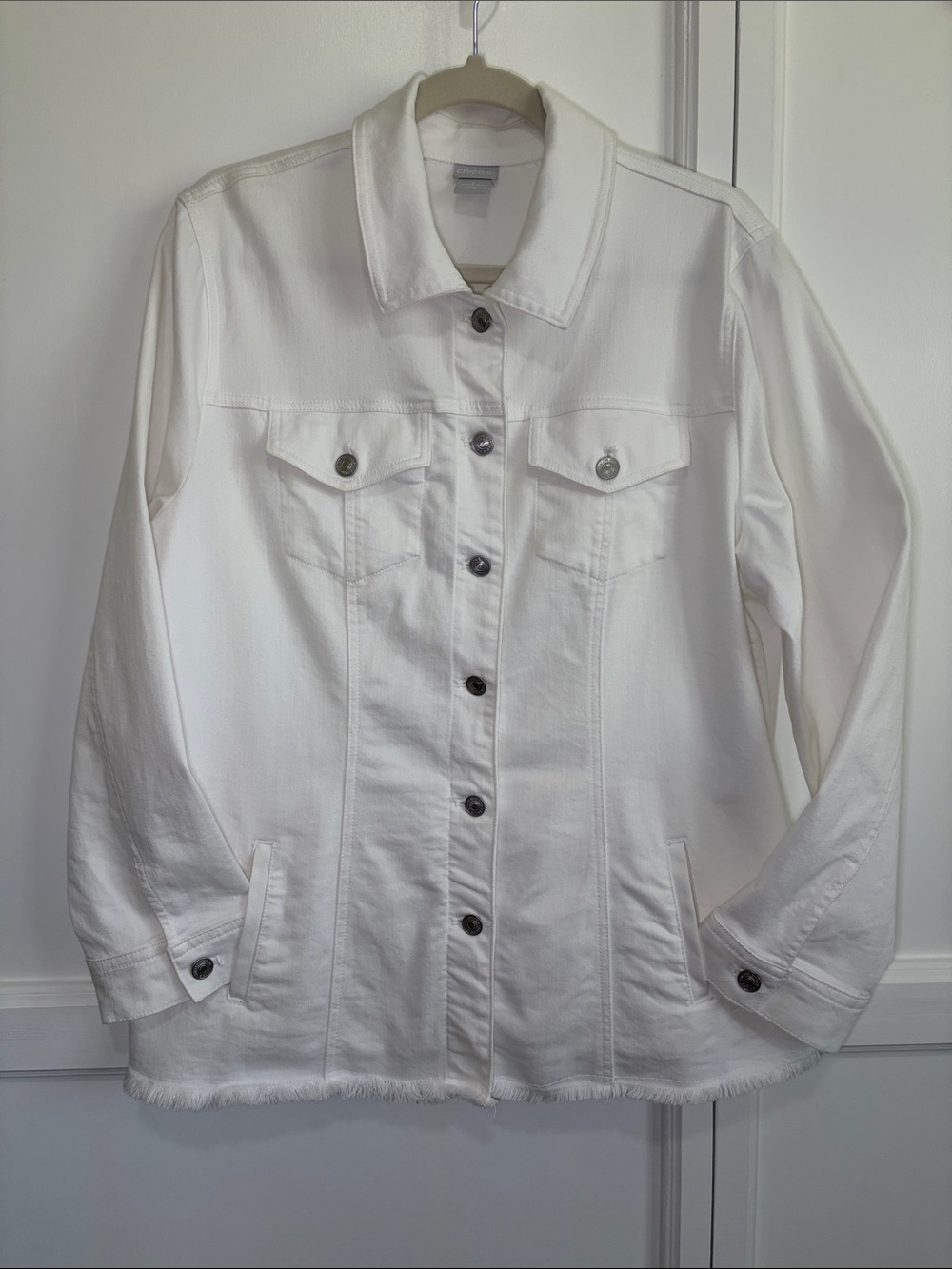 Chico's White Denim Jacket with Button Front fringe hem size 3
